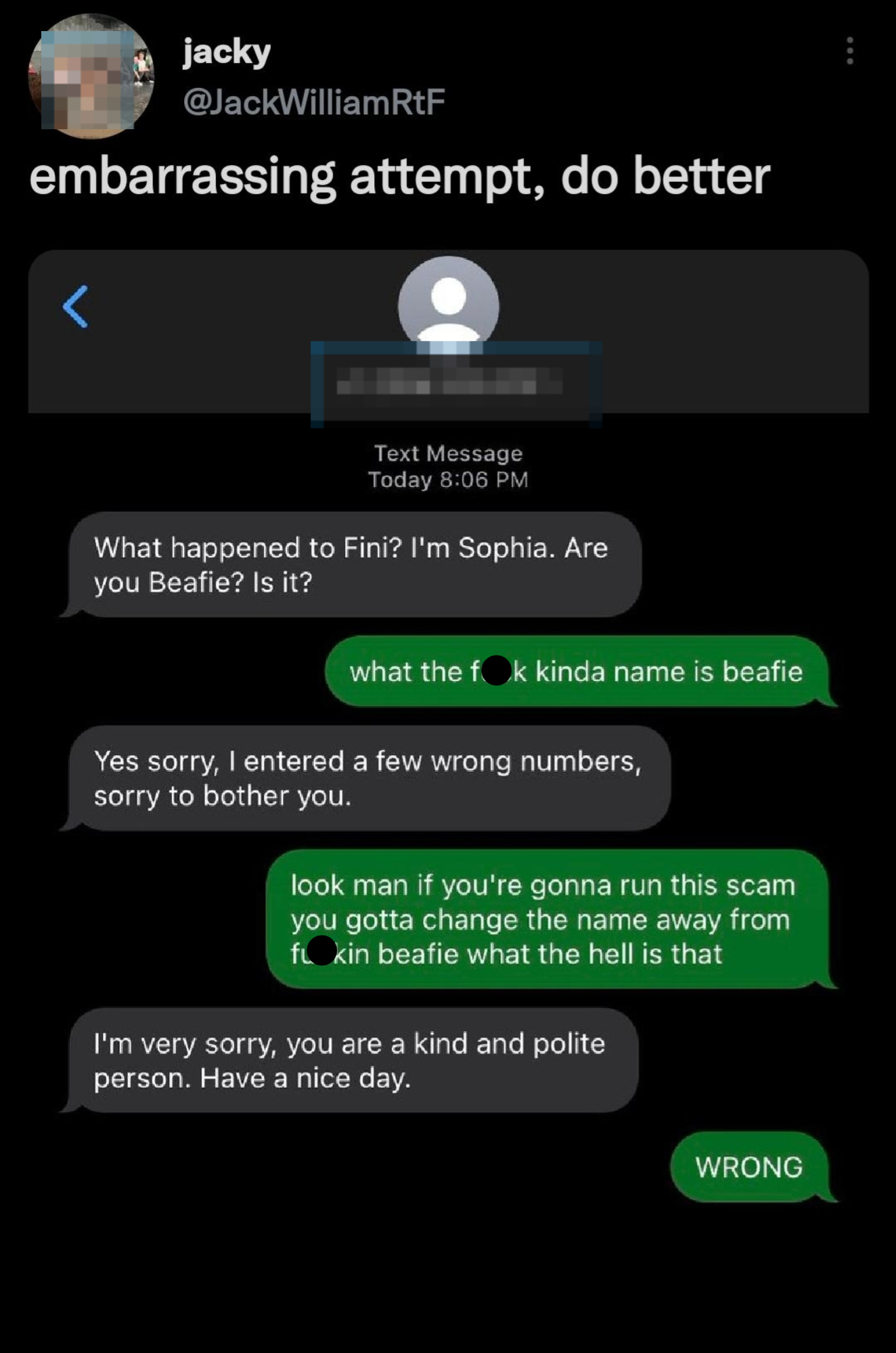 A humorous text exchange where a wrong number leads to confusion over identities and a scam attempt. The recipient responds with sarcasm