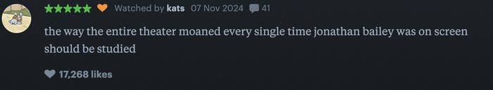 Review about Jonathan Bailey, mentioning audience reactions in a theater; posted by user &quot;kats&quot; on November 7, 2024, with 17,268 likes