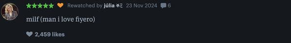 Tweet liked by Julia on November 23, 2024, saying &quot;milf (man i love fiyero),&quot; with 2,459 likes