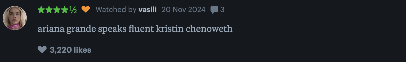 A social media comment jokingly states that Ariana Grande speaks fluent Kristin Chenoweth, with 3,220 likes shown