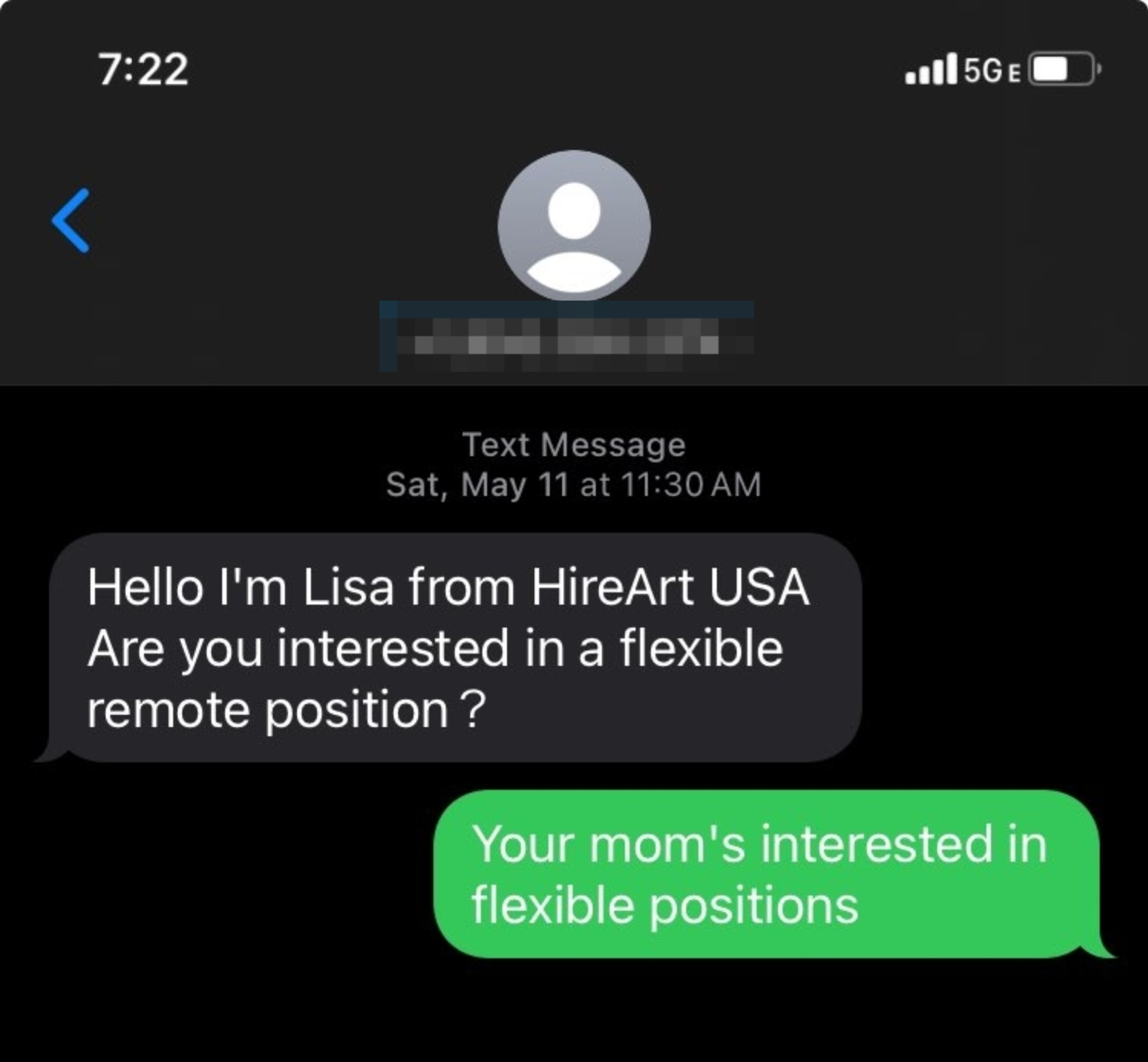 Text screenshot showing an offer for a flexible remote position and a humorous response about the sender's mom