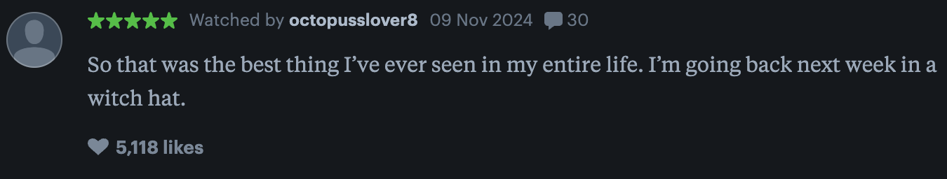 Review by octopuslover8 expressing enjoyment and plans to return next week in a witch hat. 5,118 likes