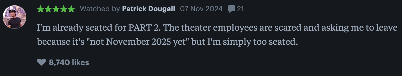 A social media post says they're seated for PART 2, but staff want them to leave as it's not November 2025 yet. The post has 8,740 likes