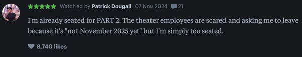 A social media post says they&#x27;re seated for PART 2, but staff want them to leave as it&#x27;s not November 2025 yet. The post has 8,740 likes