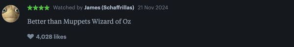 Review stating, &quot;Better than Muppets Wizard of Oz,&quot; with 4,028 likes