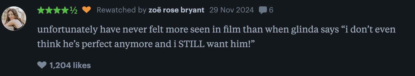 Tweet about feeling seen in film by Glinda's quote on wanting someone despite imperfections