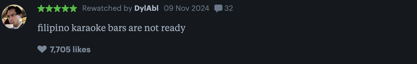 A user named DJhal commented on a review: "filipino karaoke bars are not ready," with 7,705 likes, dated November 9, 2024