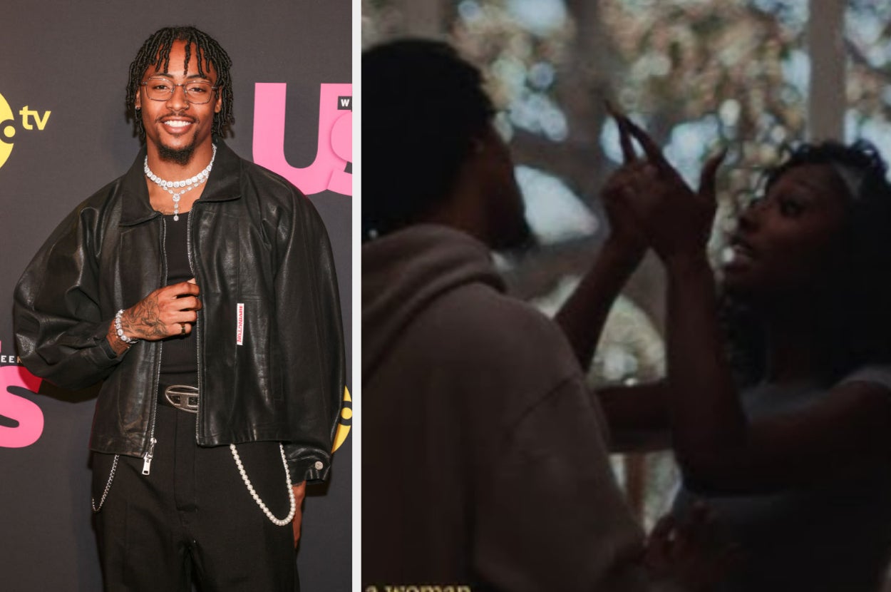 Celebrity wearing a black leather jacket on the left; on the right, a dramatic scene with two people engaged in a tense conversation