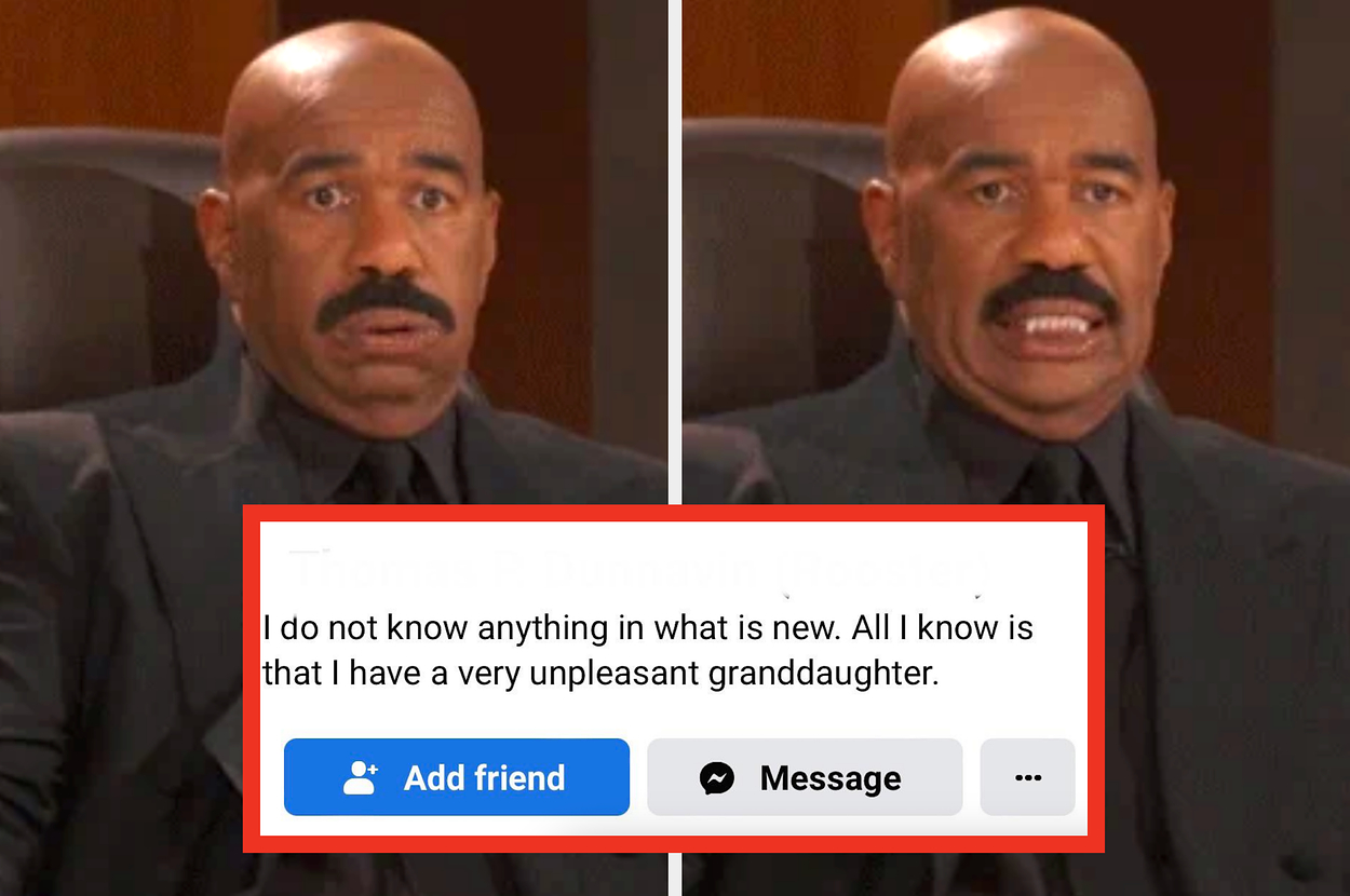 A man in a suit making two different facial expressions. Caption mentions not knowing much except for having a very unpleasant granddaughter