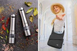 On the left, electric salt and pepper grinders with spices. On the right, a smiling woman in casual attire reaching out, wearing a hat and crossbody bag
