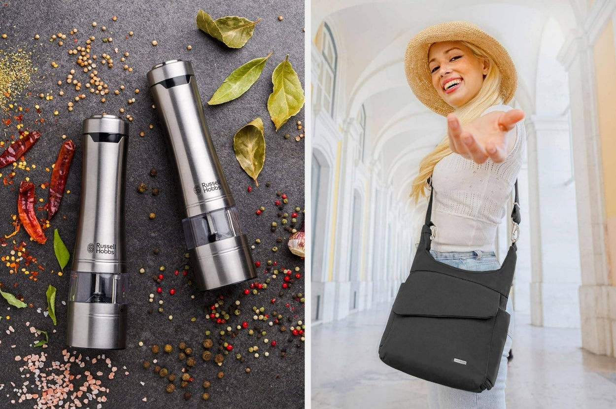 On the left, electric salt and pepper grinders with spices. On the right, a smiling woman in casual attire reaching out, wearing a hat and crossbody bag