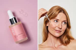 Person applying serum from a dropper onto their face; bottle of "Firm & Smooth" serum shown alongside