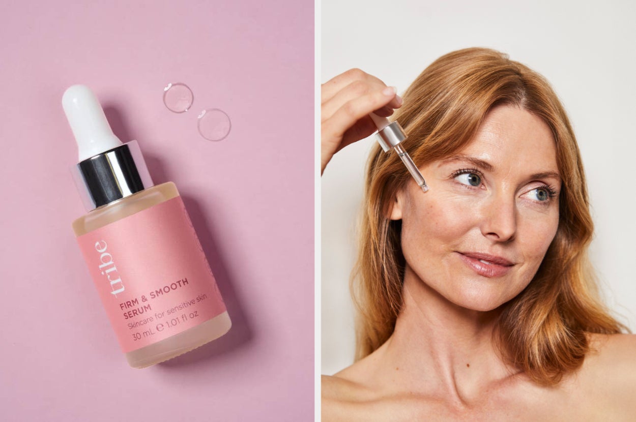 Person applying serum from a dropper onto their face; bottle of "Firm & Smooth" serum shown alongside