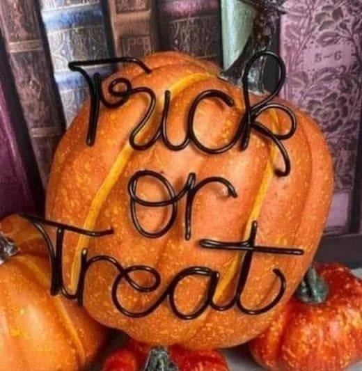 Large pumpkin with "Trick or Treat" written on it, surrounded by smaller pumpkins. Books are in the background