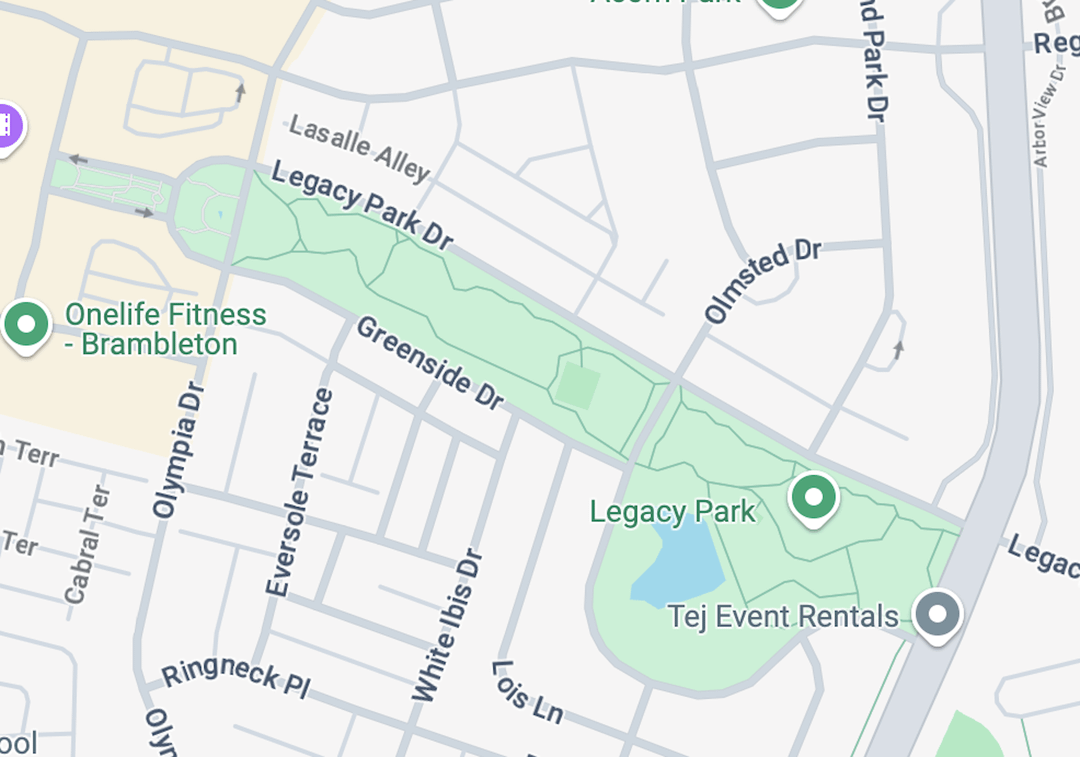 Map showing Legacy Park and nearby roads, marked with two locations: Onelife Fitness and Tej Event Rentals