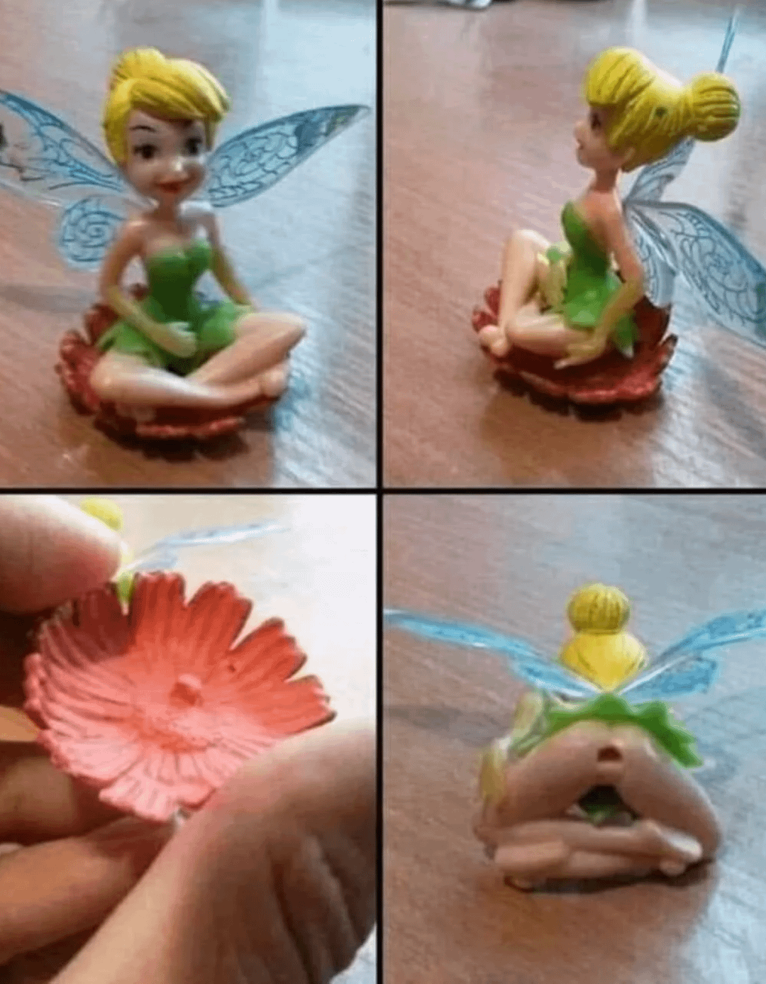 Fairy figurine in green dress sits on a red flower. The flower is detachable, revealing a humorous underside detail