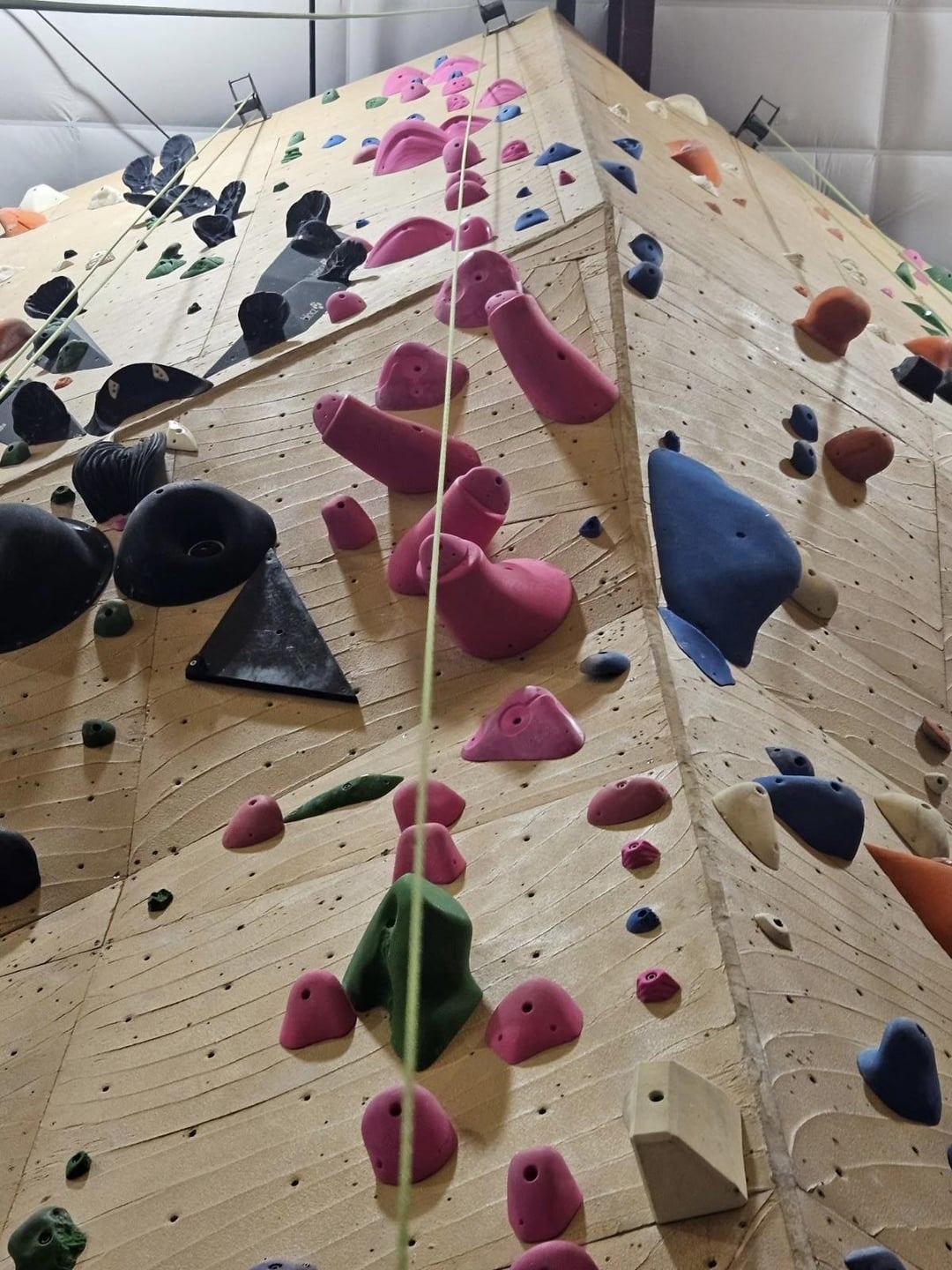 Indoor climbing wall with various shaped holds and a rope leading upwards