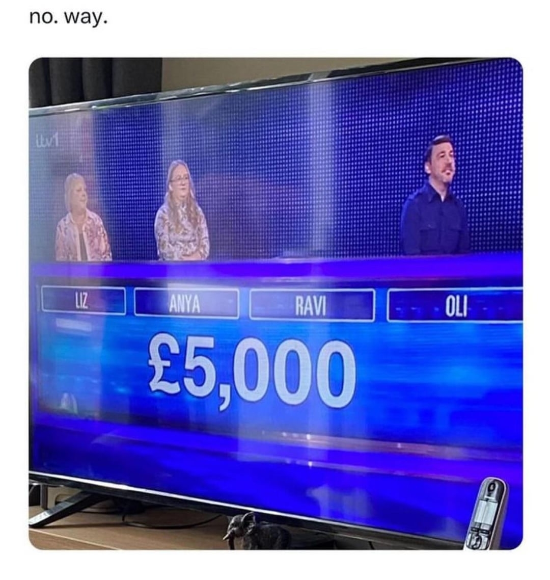 Quiz show scene with four contestants in disbelief. The screen shows three with zero and one with £5,000. Caption reads "no. way."