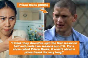 A woman reacts to a scene from "Prison Break" with a man in focus. Text reads a critique about the show's first season length