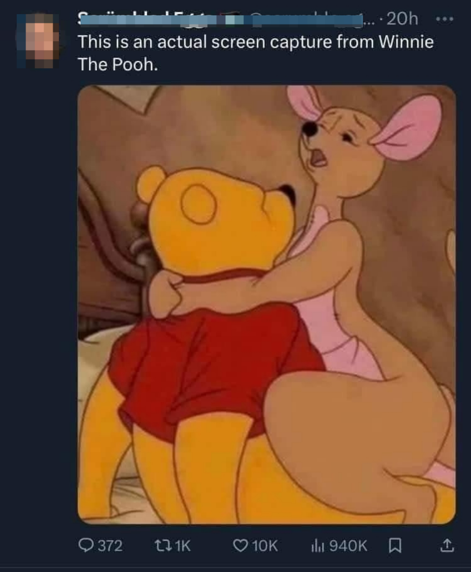 A humorous tweet showing a screenshot of Winnie the Pooh and Kanga in a seemingly awkward pose, causing widespread amusement