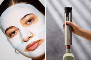 A person wearing a sheet face mask on the left; a hand holding an electric wine opener on the right