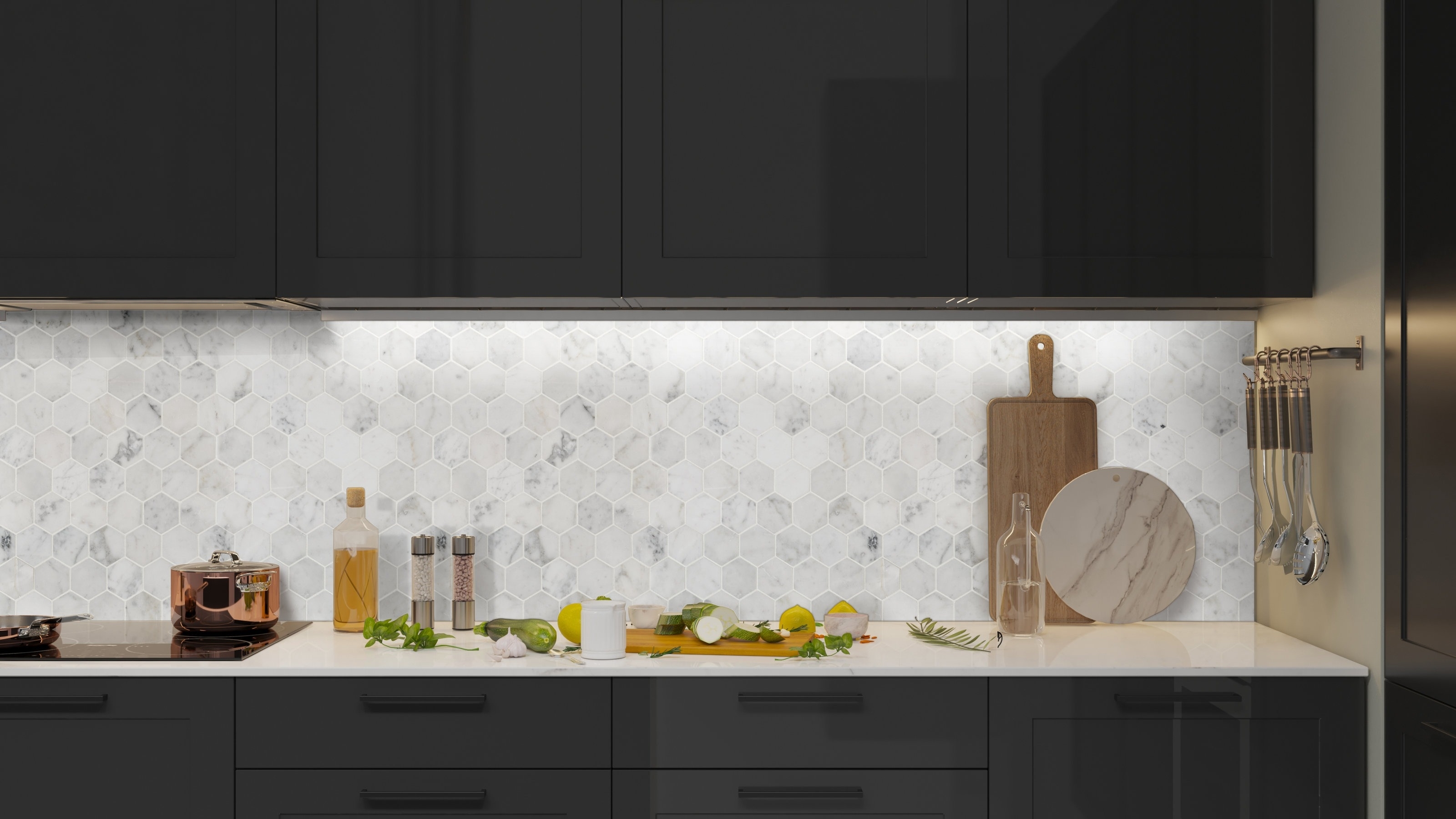 Modern kitchen countertop with cutting board, herbs, lemons, and kitchenware arranged neatly against a stylish hexagonal tile backsplash