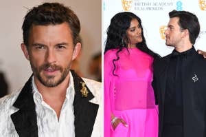 Left: Close up of Jonathan Bailey on a red carpet. Right: Simone Ashley and Jonathan Bailey facing each other and smiling on a red carpet