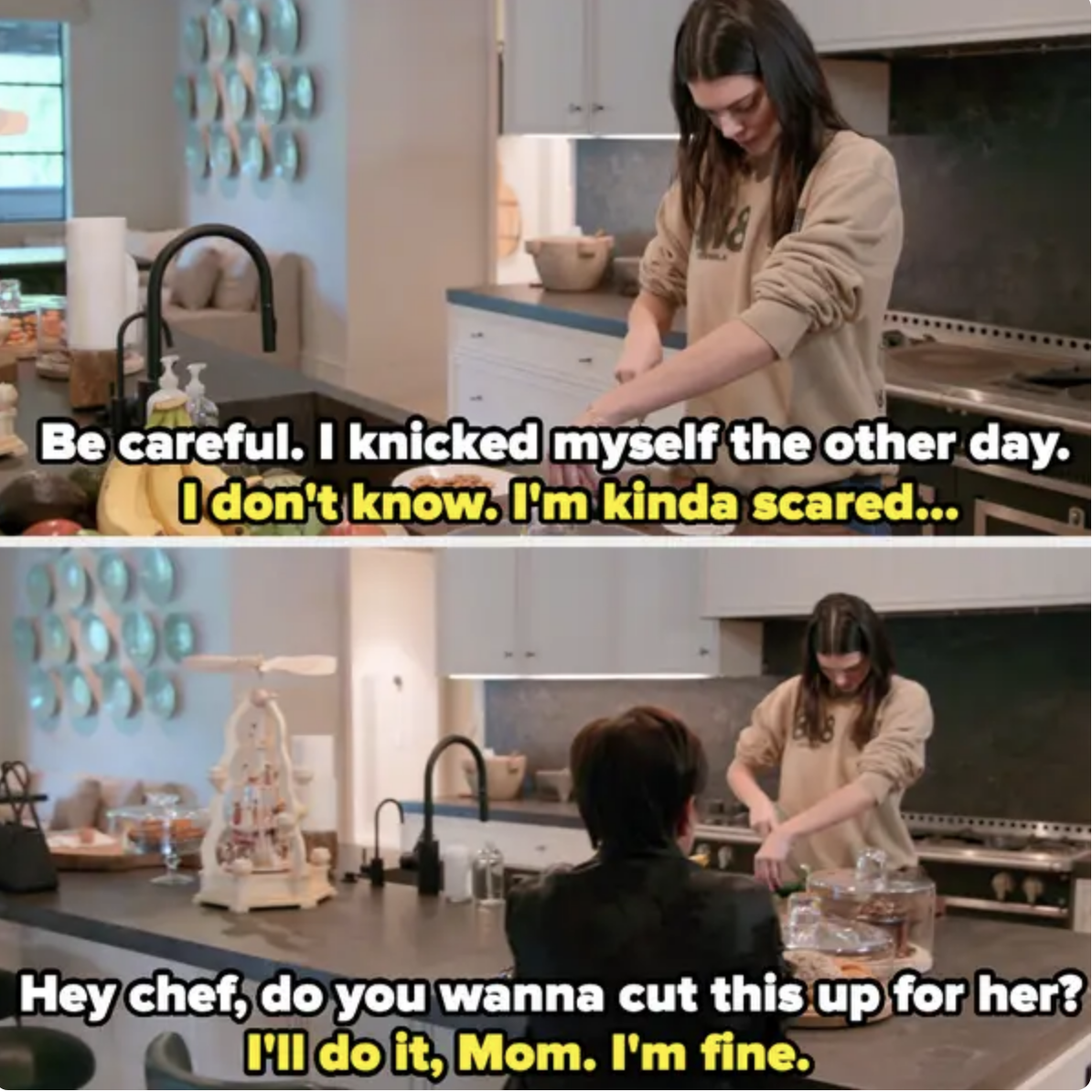 Kendall cuts the cucumber in an unusual manner and declines Kris's request that the chef take over