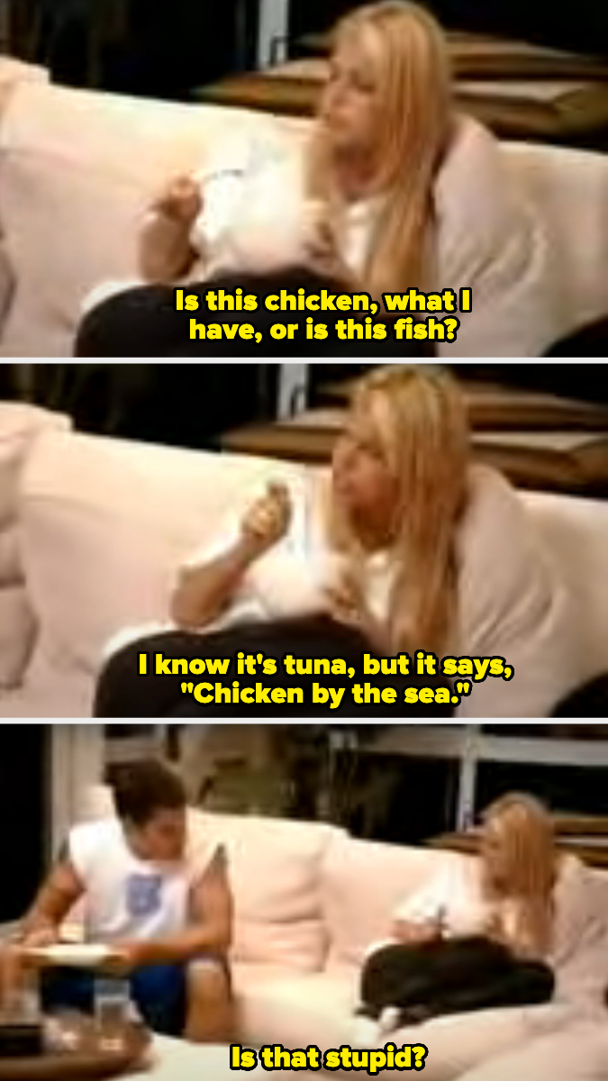 Three-panel image of Jessica on a couch questioning if she is eating chicken or fish, referencing "Chicken by the Sea," with Nick beside her