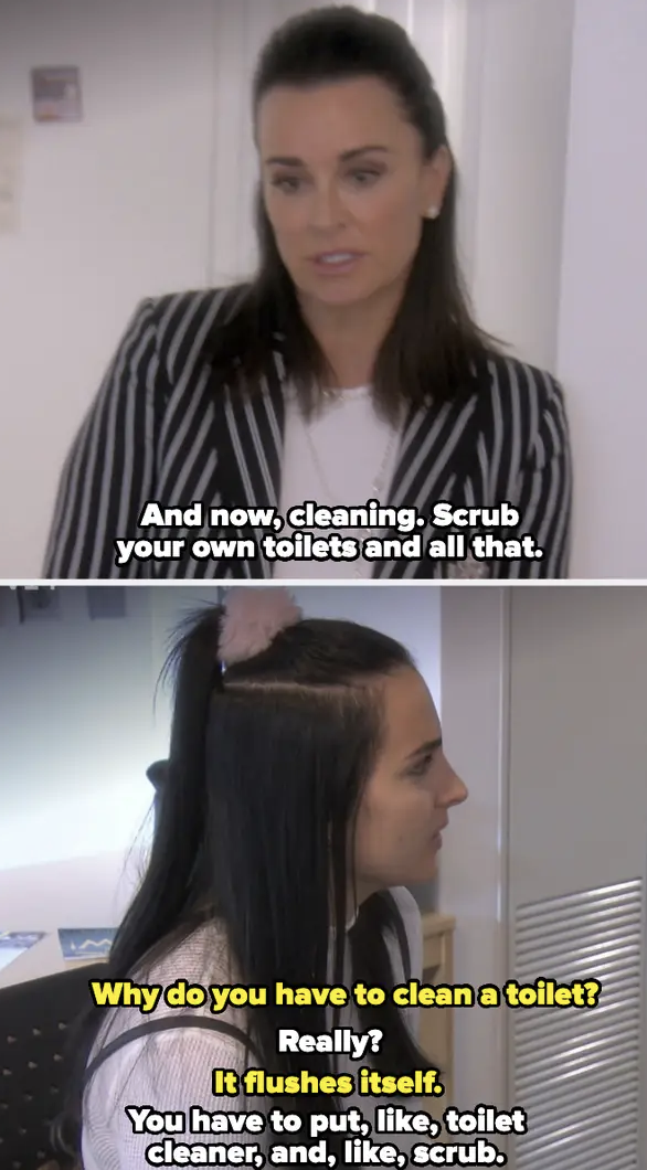 Kyle explains that you have to scrub a toilet, and Sophia says that it flushes itself