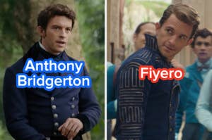 Two actors in period costumes. Left: "Anthony Bridgerton" text label; right: "Fiyero" text label