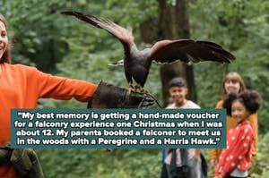 A falcon lands on a person's arm in a forest. Text shares a memory of receiving a falconry experience voucher at age 12