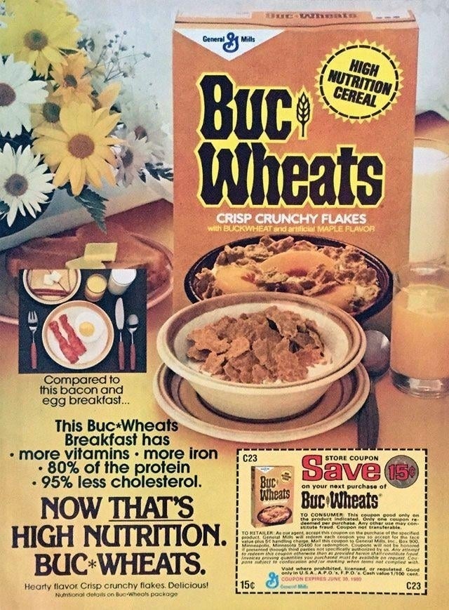 Vintage Buc Wheats cereal advertisement highlights nutrition benefits, includes a Bacon and Egg meal comparison, and features a coupon for savings