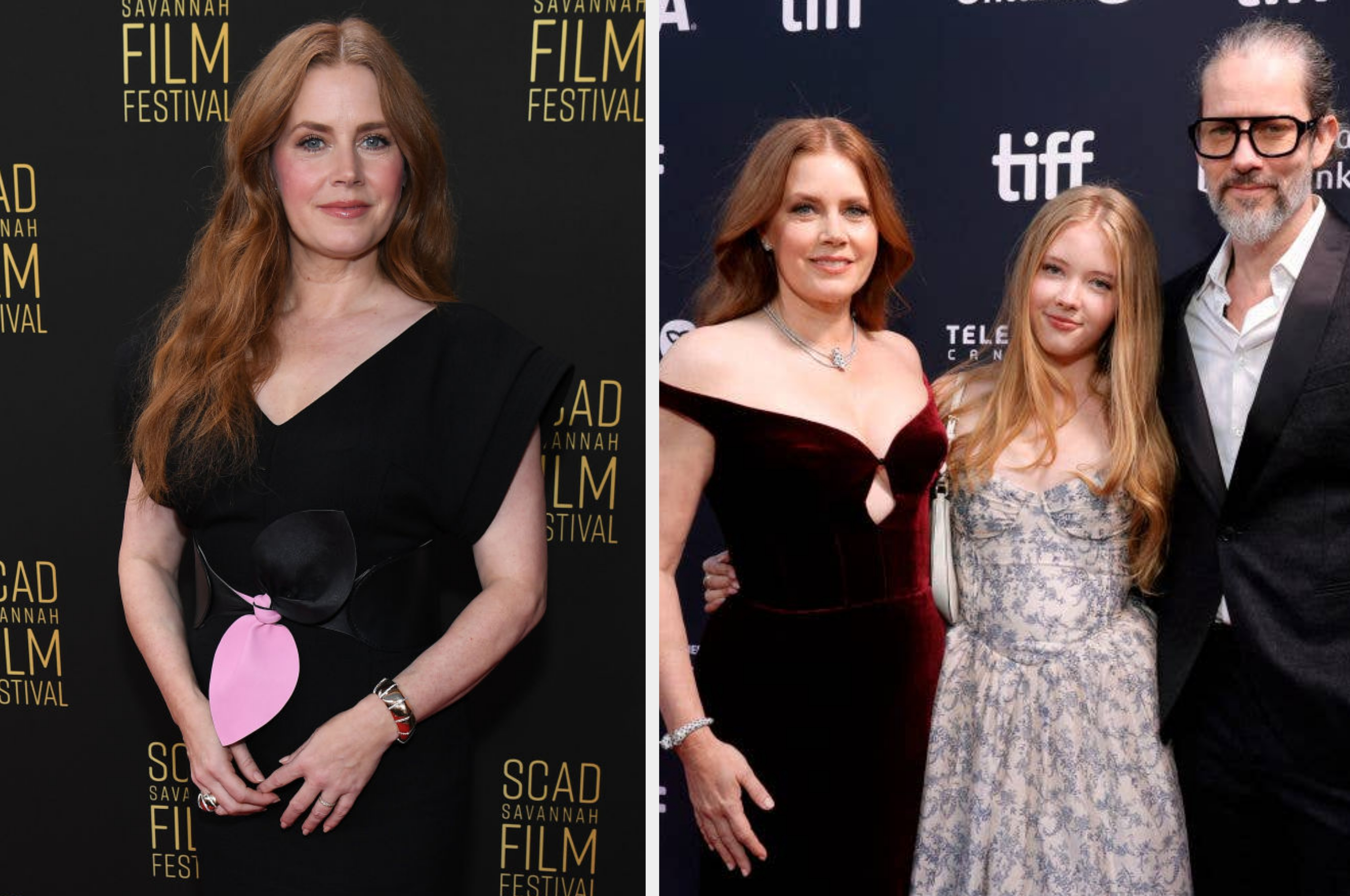 Left: Woman in elegant black dress with pink accent at film festival. Right: Black and white photo of smiling couple, man listening to woman's belly