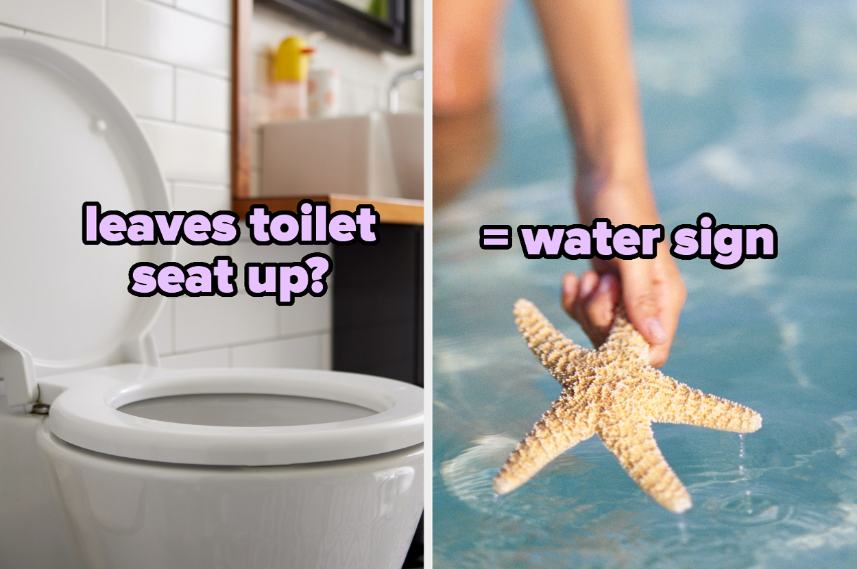 A two-part image: left shows an open toilet with text "leaves toilet seat up?" Right shows a starfish in water with text "= water sign"