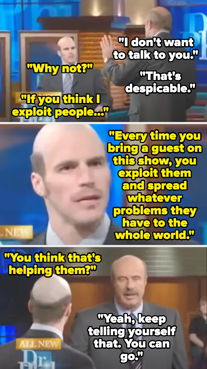 Two people on a talk show argue about exploiting guests for ratings