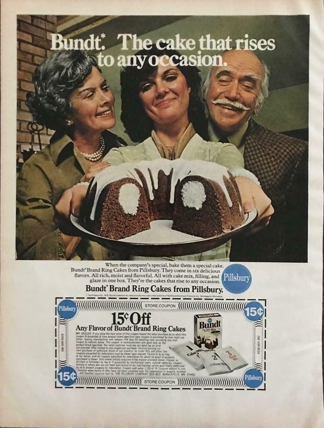 Vintage advertisement features 3 radical smiling astatine a Bundt barroom with icing. Includes a 15-cent coupon for Pillsbury Bundt Brand Ring Cakes