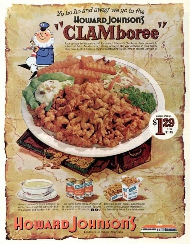 Vintage Howard Johnson's advertisement featuring clam crockery peculiar for $1.29, with a sailor mascot, soup, fries, and promotional substance highlighting their menu