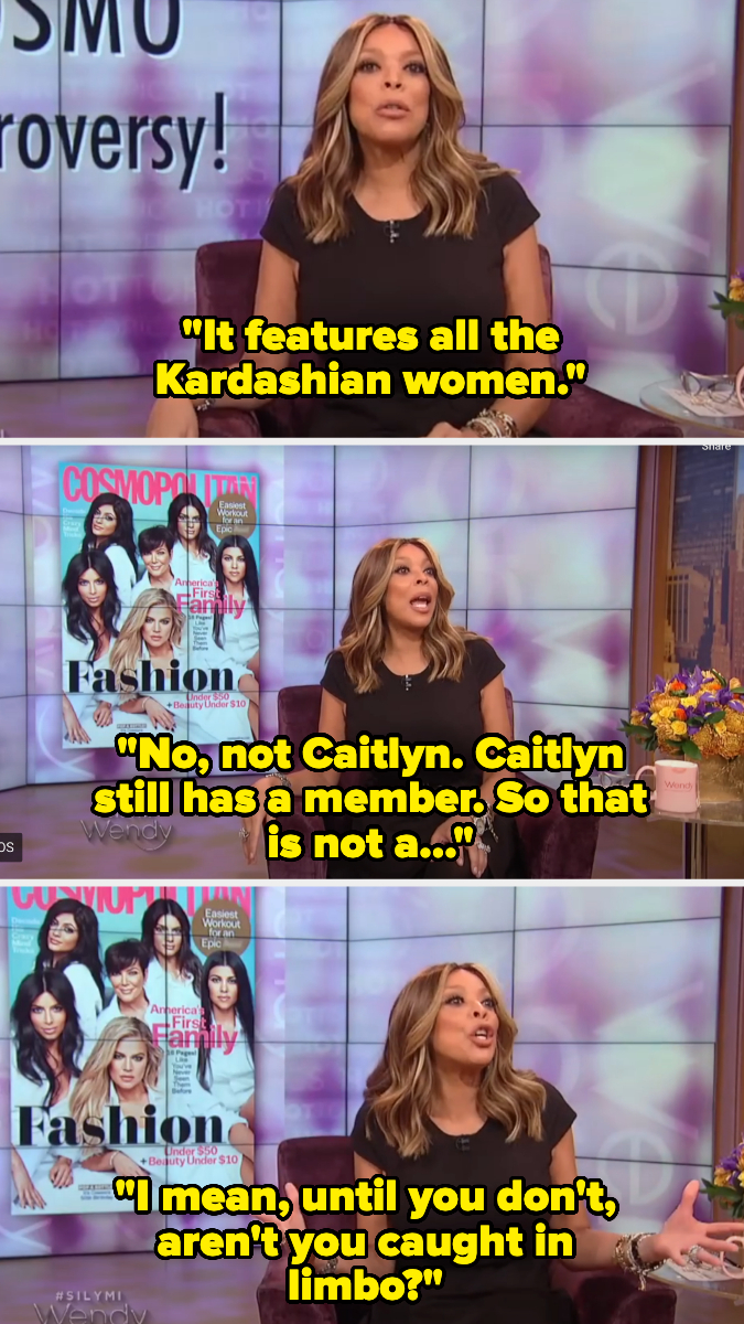 Person speaking about a magazine cover featuring the Kardashian family, excluding Caitlyn Jenner, using controversial language on a TV show