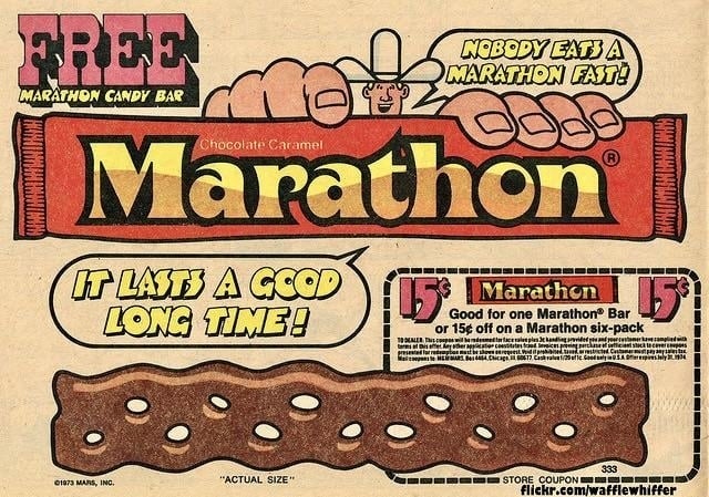 Vintage Marathon cocoa caramel candy barroom advertisement with slogan "It lasts a bully agelong time!" and a coupon for a escaped barroom oregon discount connected a six-pack