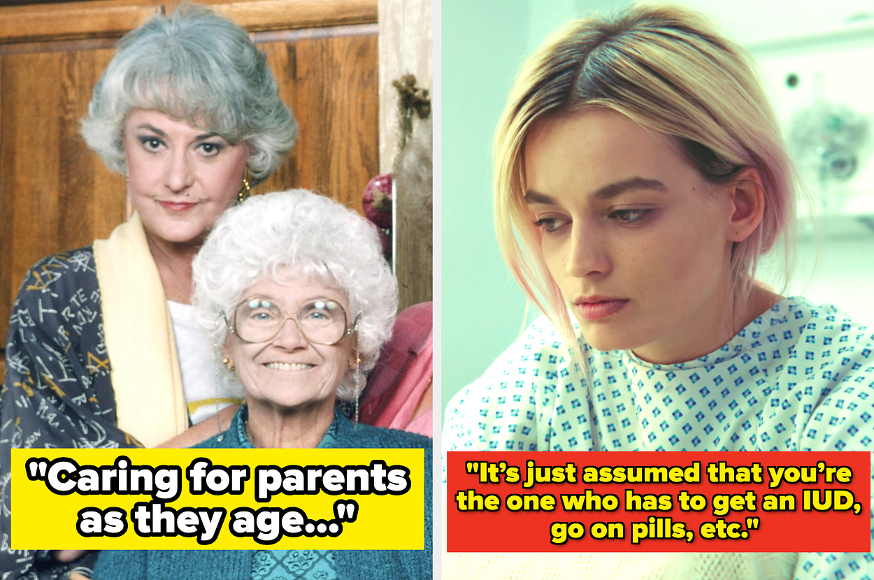 Two images: One shows two older women with text "Caring for parents as they age...". The other shows a thoughtful young woman with text about birth control assumptions