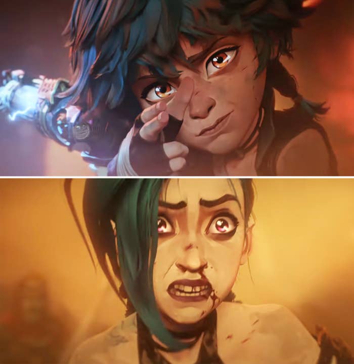 Animated characters with expressions of determination and surprise, set in intense scenes