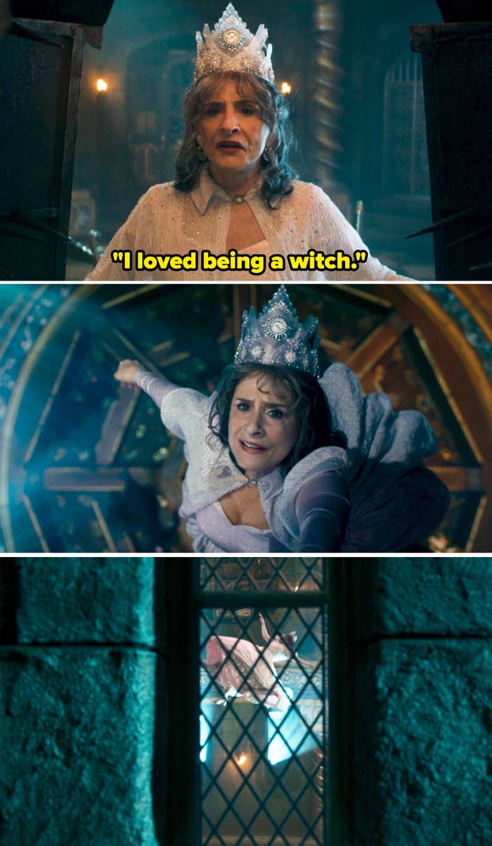 Three images from a fantasy film show an elderly woman wearing a crown and expressing excitement about being a witch