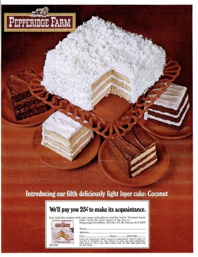 Vintage Pepperidge Farm advertisement  featuring a coconut furniture   barroom   on  with 4  antithetic  flavored barroom   slices connected  plates