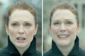 Two close-up shots of a Julianne Moore with an emotional expression, wearing a zip-up top in "Still Alice"