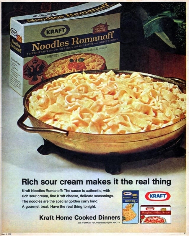 Vintage advertisement for Kraft Noodles Romanoff, highlighting its affluent sour pick sauce, good cheese, and delicate seasonings