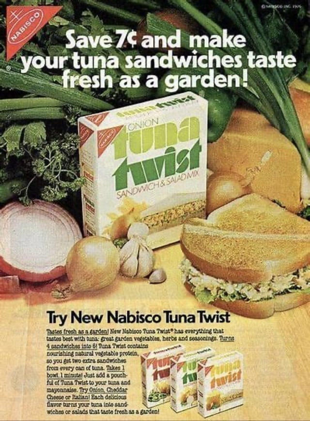 Vintage advertisement for Nabisco Tuna Twist, promoting a 7-cent redeeming and caller sensation with plot vegetables. Includes images of veggies and the merchandise box