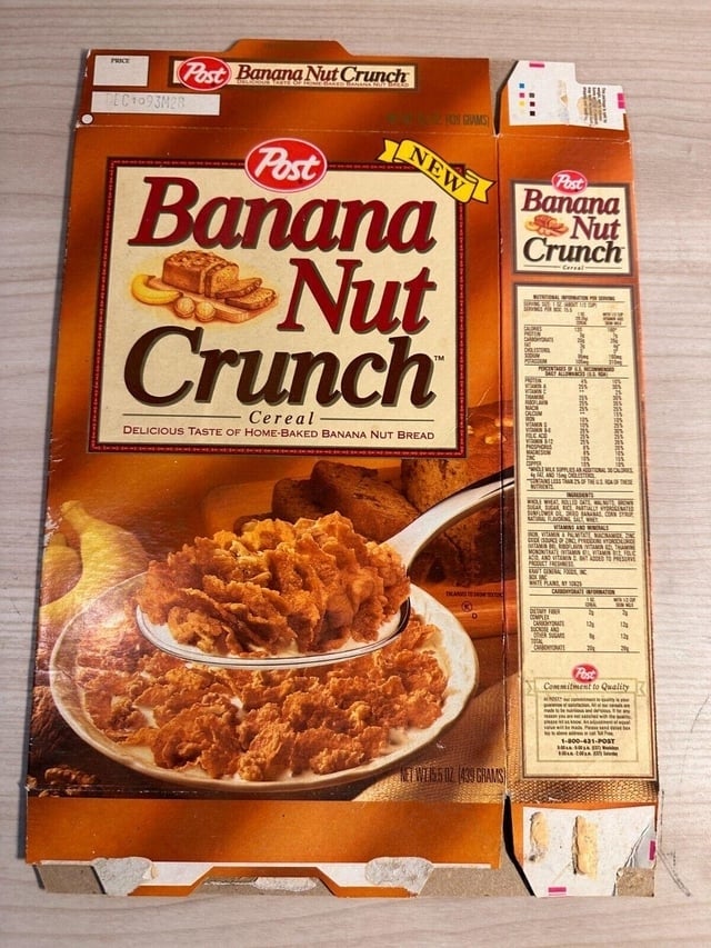 Banana Nut Crunch cereal container with an representation of cereal and bananas. Nutritional accusation is displayed connected the broadside panel