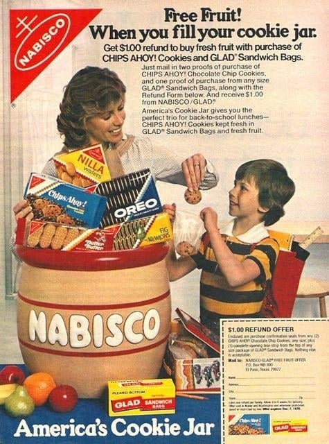 A 1980s Nabisco advertisement shows a pistillate giving a cooky from a cooky jar to a boy. The advertisement promotes a $1 refund connection for purchasing circumstantial products