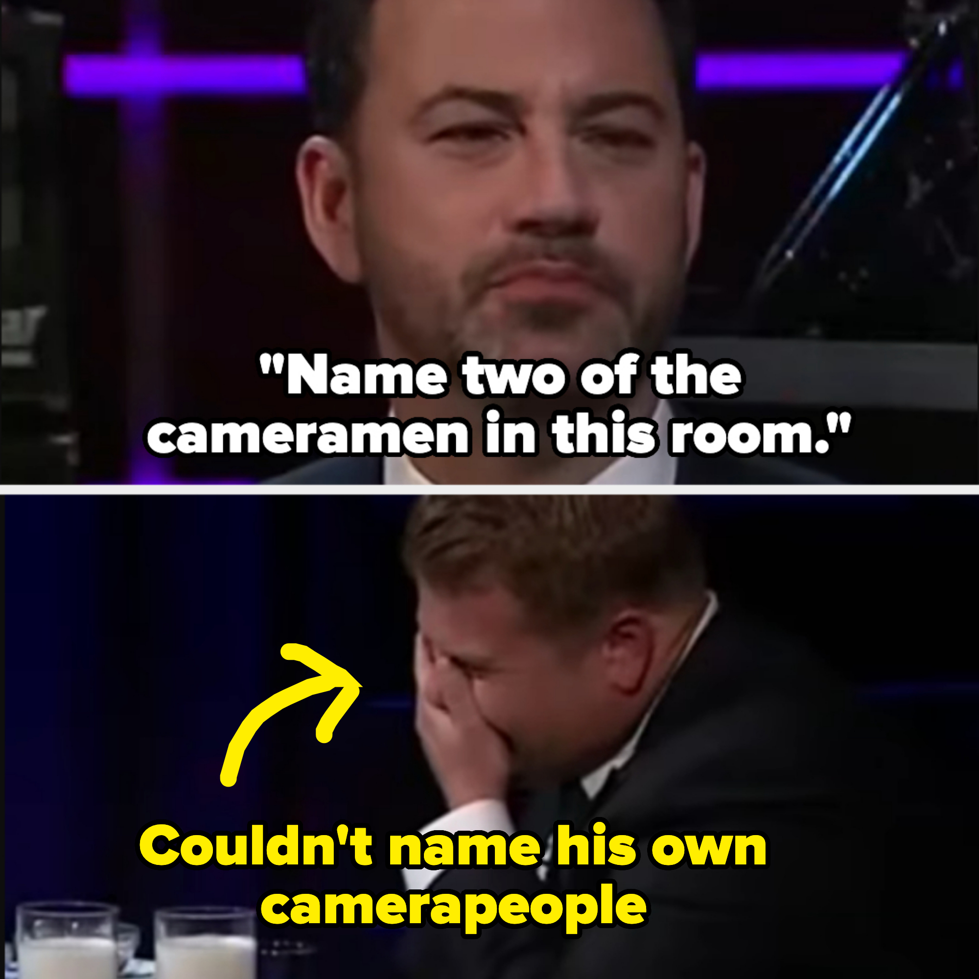 Jimmy Kimmel asks James Corden to name two cameramen in the room; James Corden covers his face, laughing with milk glasses on the table